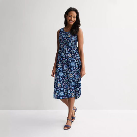 Women's Smocked Midi Dress – Elegant Casual Summer Print Dress
